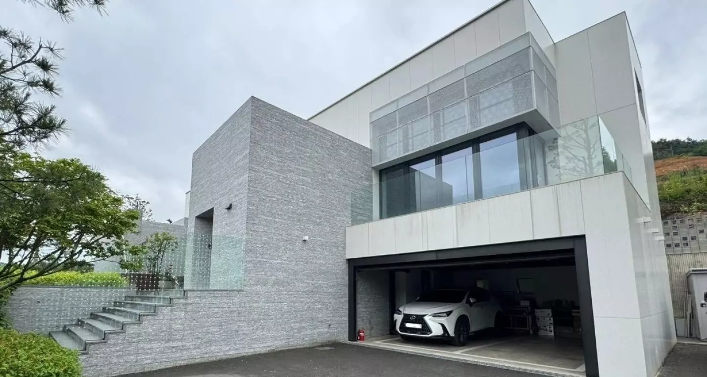 Elewacja z płytki Snow Alp i podjazd z płyty bazaltowej 3cm