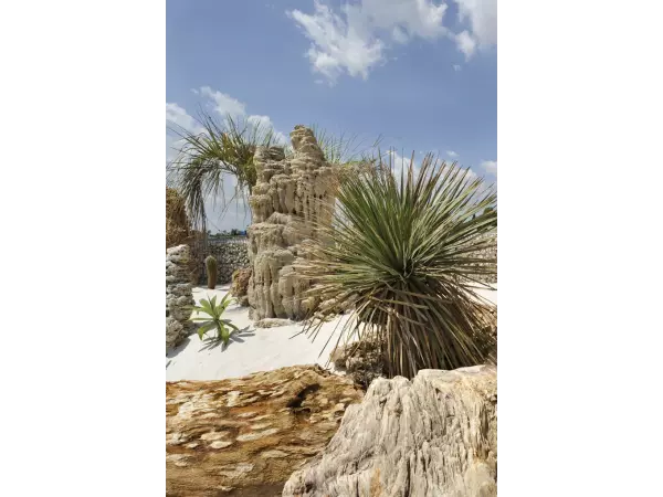 Detale tekstury kamienia naturalnego Red Spaghetti w bezobsługowym ogrodzie przy basenie.