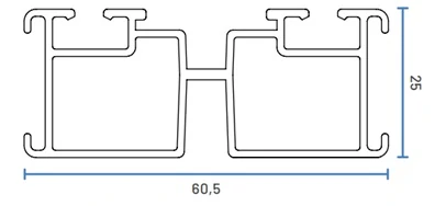 Rysunek techniczny przekroju legara ECO Rapid Flow – 60,5×25 mm, szczelina 6,5 mm