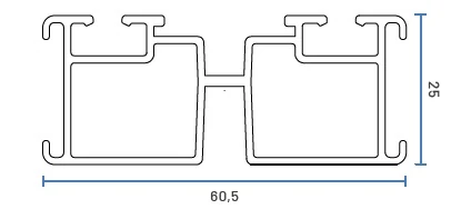 Rysunek techniczny przekroju legara ECO – widok z boku 60,5×25 mm, szczelina 4 mm