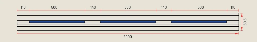 Rysunek techniczny legara Rapid Flow – widok z góry, rozwinięcie 2000 mm z podziałką 110-500-140-500-140-500-110